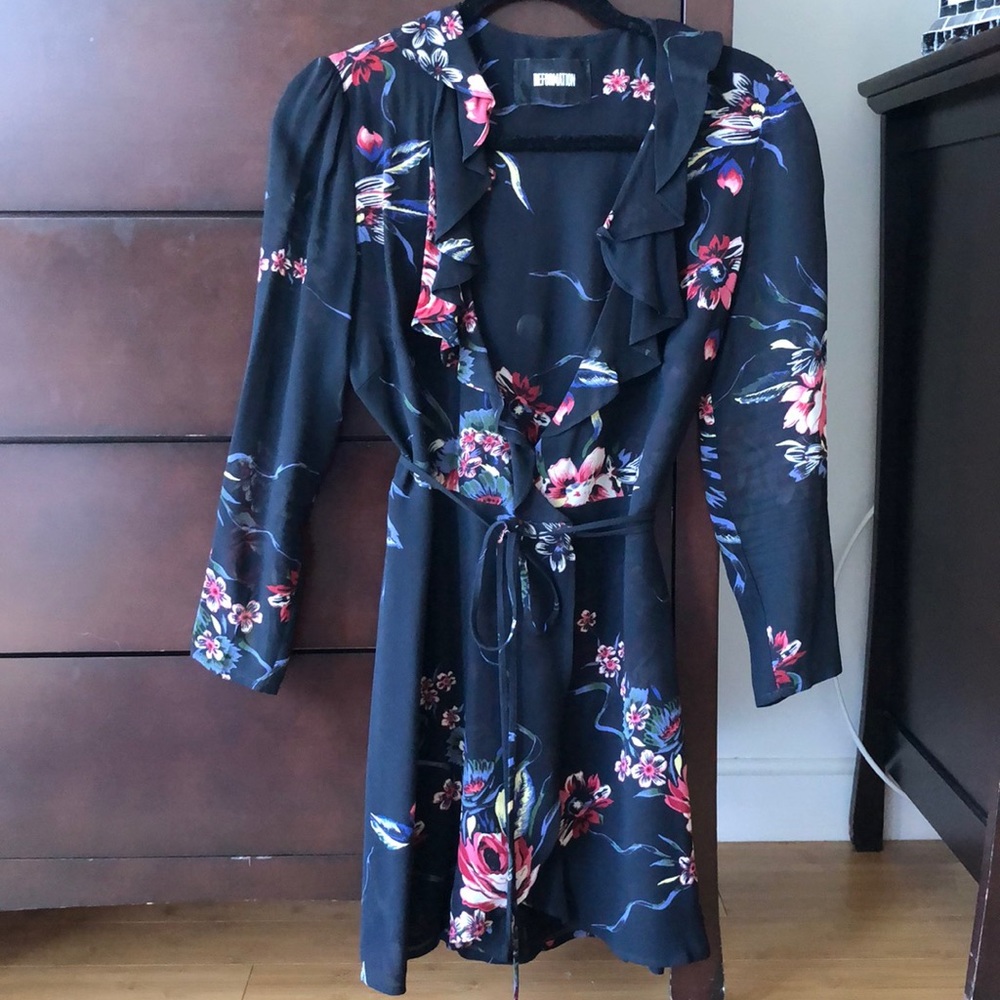 Reformation long sleeve floral wrap mini dress, size XS